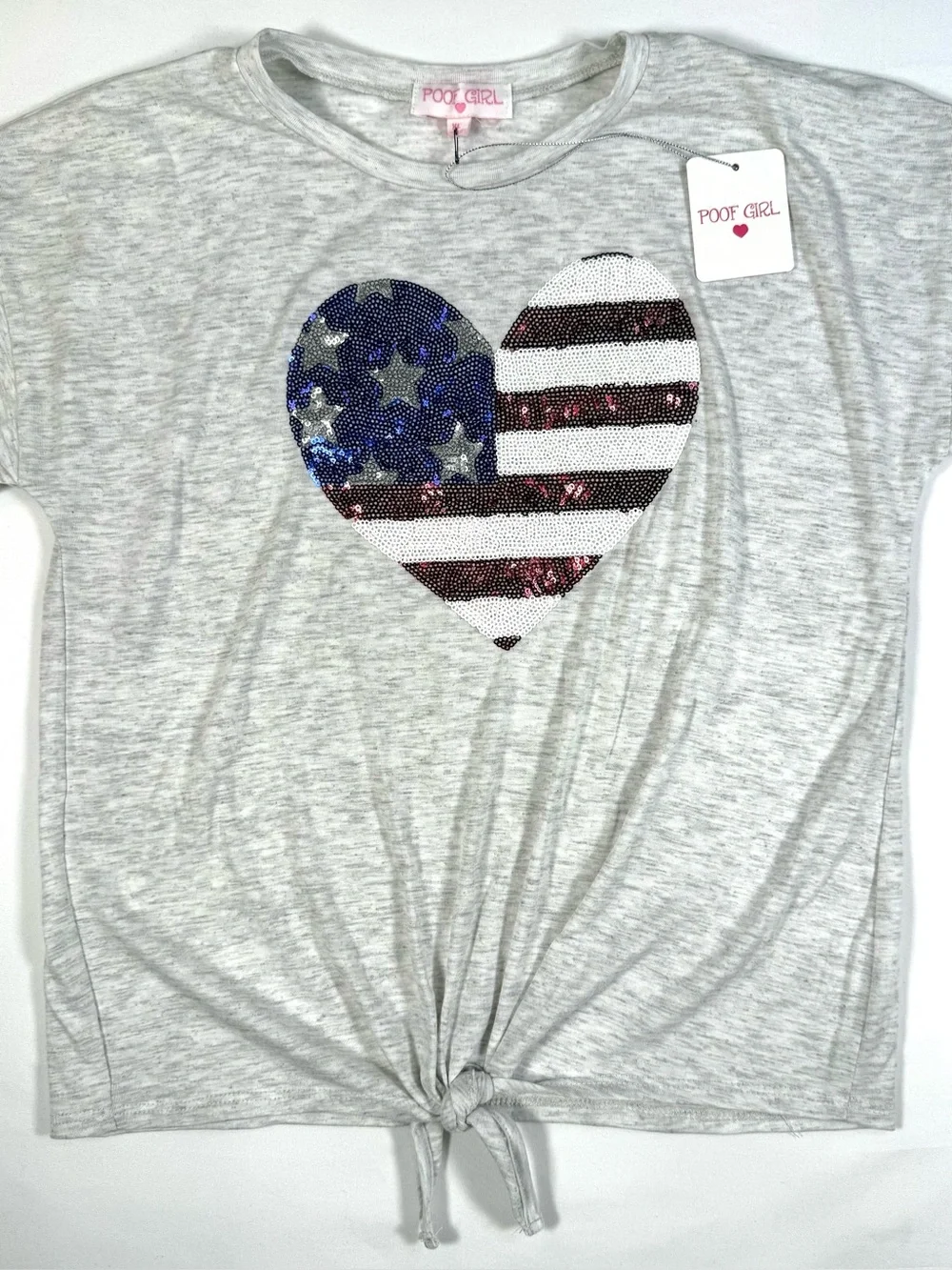 NWT POOF GIRL Patriotic Sequin Heart Tie Front Top XL Americana USA 4th July NEW